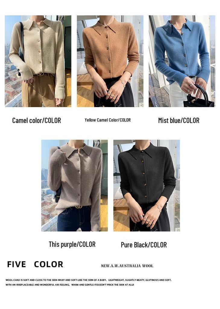 Pure Wool Women's Polo Collar Knit Cardigan – Autumn/Winter, Solid Color, Skin-Friendly, Single-Breasted Outerwear.