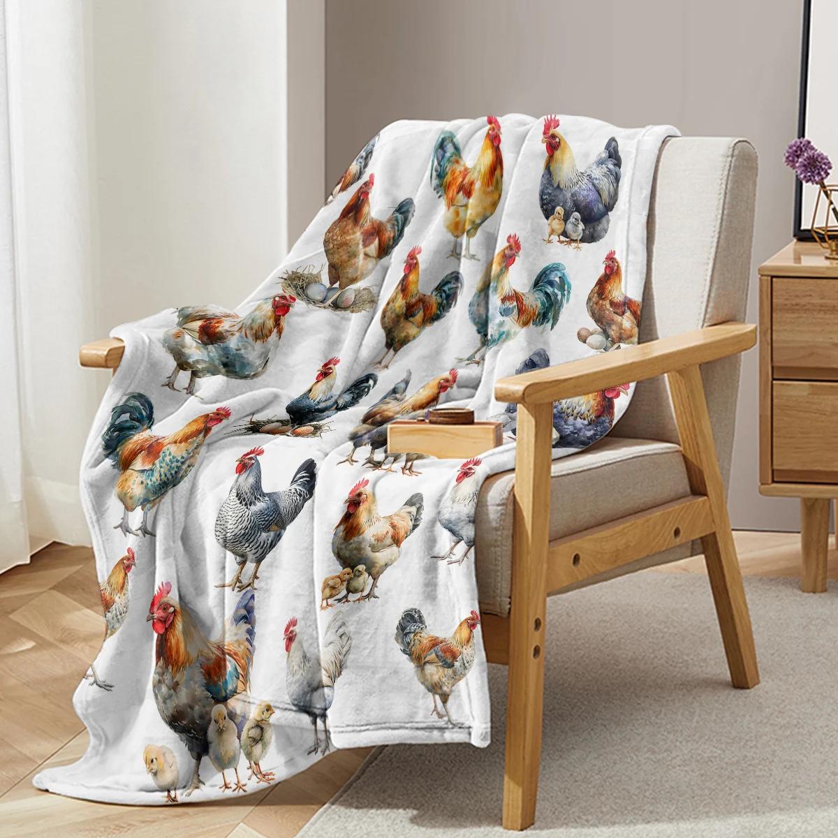 

Colorful Rooster Print Throw Blanket Warm Plush Chick Eggs Blankets for Kids Adults Teen for Sofa Couch and Bed 75X95CM синій