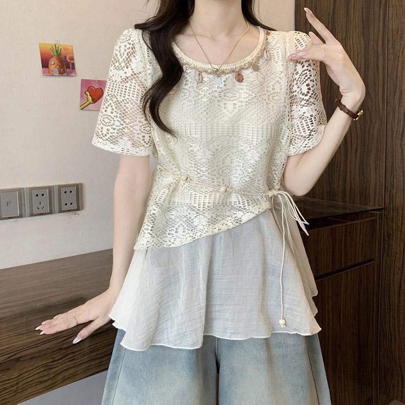 Fake Two-piece T-shirt Women Summer Soft Loose Short-sleeved Casual Pullover Hollowed Top