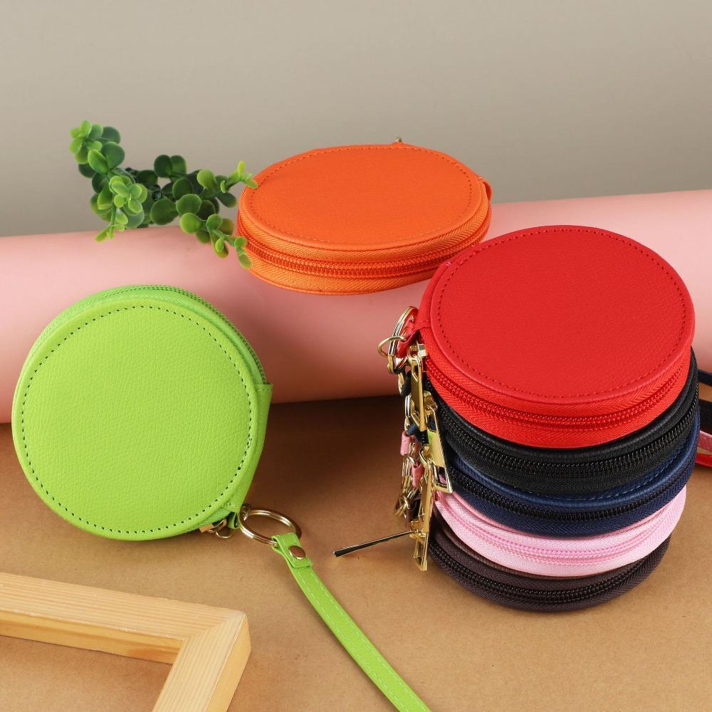 Zipper PU Leather Coin Purse Bag Pendant Keychain Small Storage Bag Round Wallet  Bag Pendant Decor