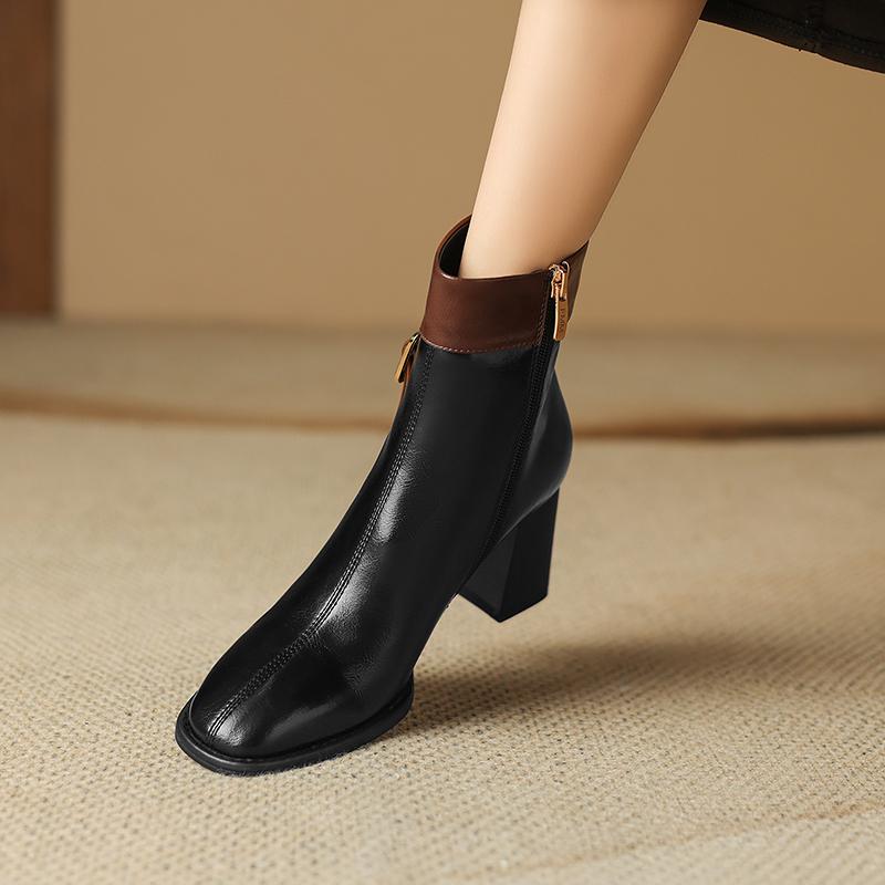 Fashion 2024 Autumn/Winter Women Boots Square Toe High Heel Shoes for Women Black Leather Boots Women Lace Up Handemade Shoes