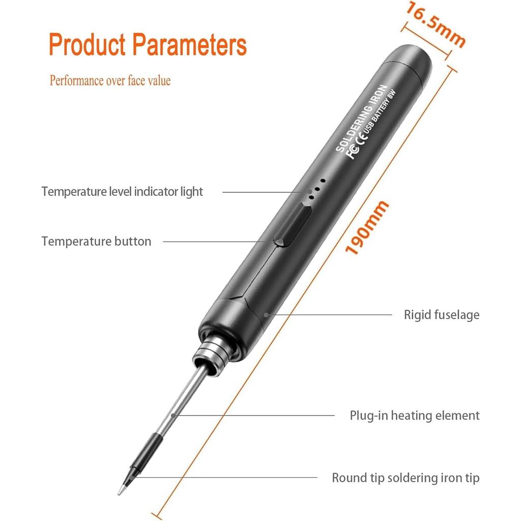 USB Rechargeable Portable Soldering Iron, 3 Speed Adjustable Temperature USB Electric Iron Mini Soldering Iron Kit Grey
