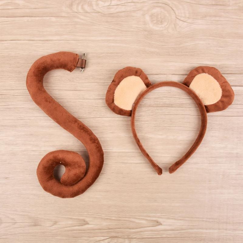 Adults Kids Plush Monkey Ear Headband Tail Tie Animal set for Gift Birthday Party Cosplay Costume Christmas Halloween Headwear