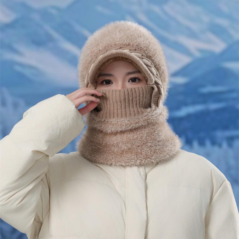 Fleece Verdickte Gestrickte Thermomütze Damen Wollmütze Outdoor Winddicht Halsbedeckung Einteilige Mütze