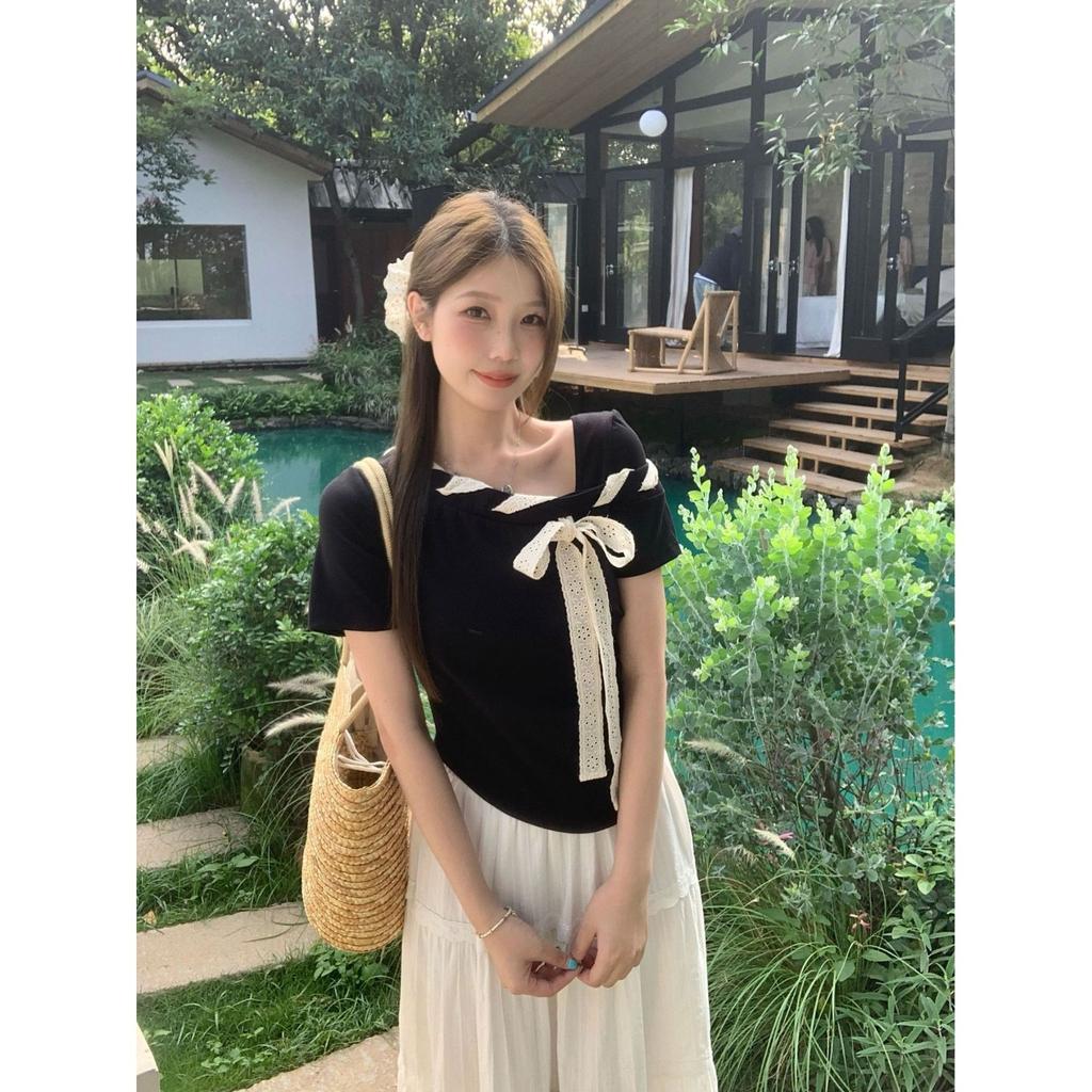 La Chapelle Bow Short-sleeved T-shirt Women's Summer Design Sense Temperament Unique Square Neck Thin Bottoming Shirt