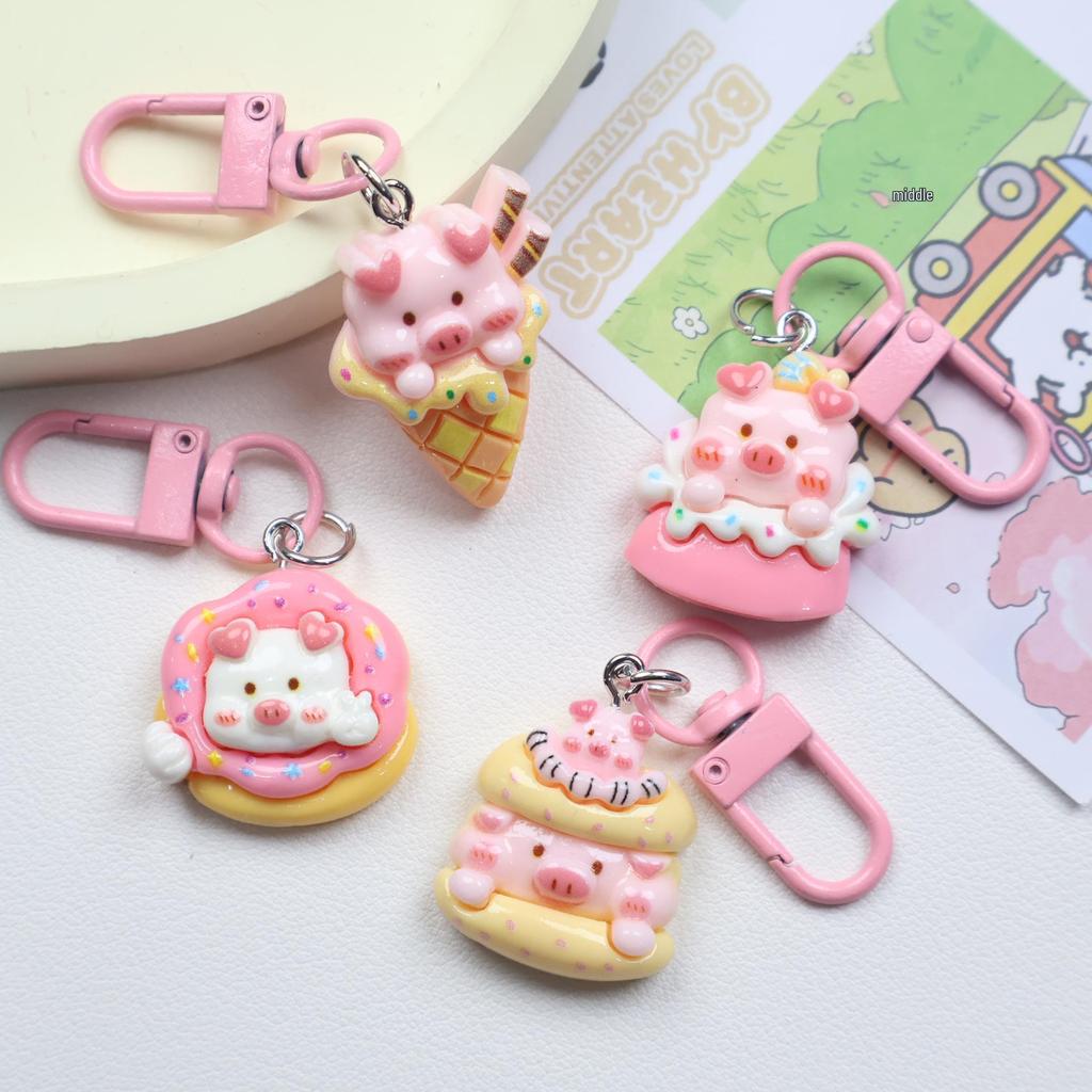 Resin Cartoon Piggy Keychain Pendant - Cute Dessert Ornament for Bags & Backpacks, Ideal for Couples and Students.
