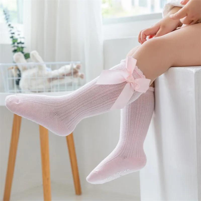 3Pairs/lot Baby Socks For Girls Big Bow Knee High Children's Home Mid Calf Princess Floor Sock Non-slip Kids Toddler Stockings