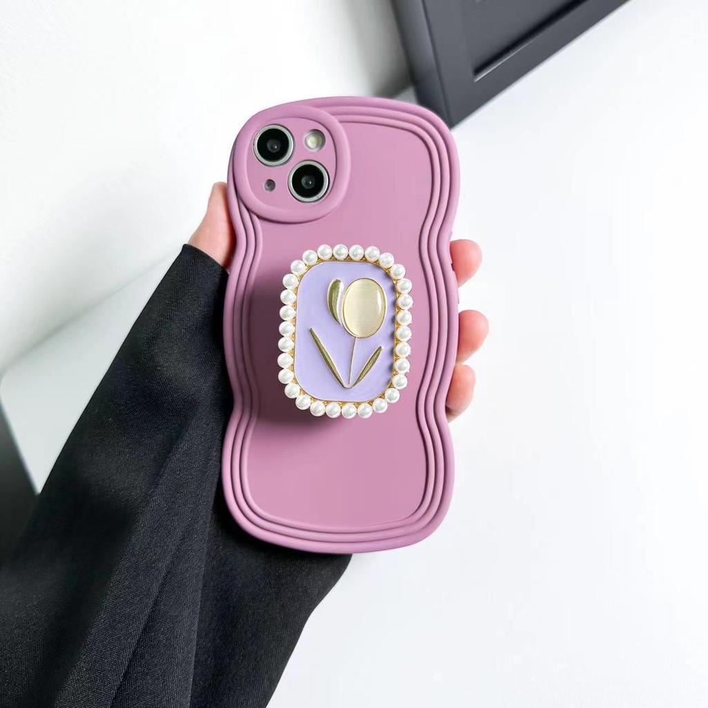 Funda para teléfono estilo palaciego con flor de perlas y soporte para iPhone 14 Pro Max / 13 Pro / 15