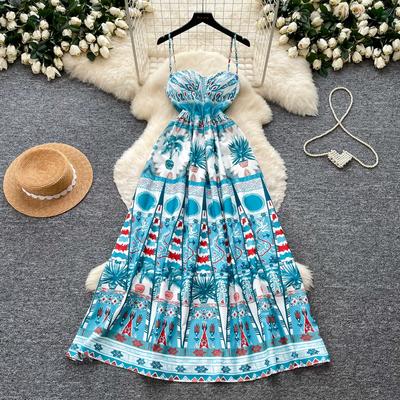 Women's Summer Vacation-Style Printed Bandeau Strapless Dress Vintage Blue Printed Sleeveless Fitted A-Line Maxi Dress