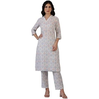 Ensemble coordiné kurta droit et pantalon imprimé floral blanc cassé 100 % coton pour femme (Taille: M)-WS12337-125452