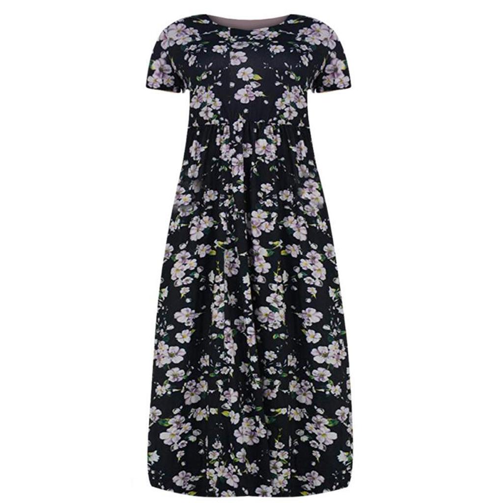 Plus Size Women Casual O-Neck Summer Short Sleeve Print Loose Pocket Long Dress