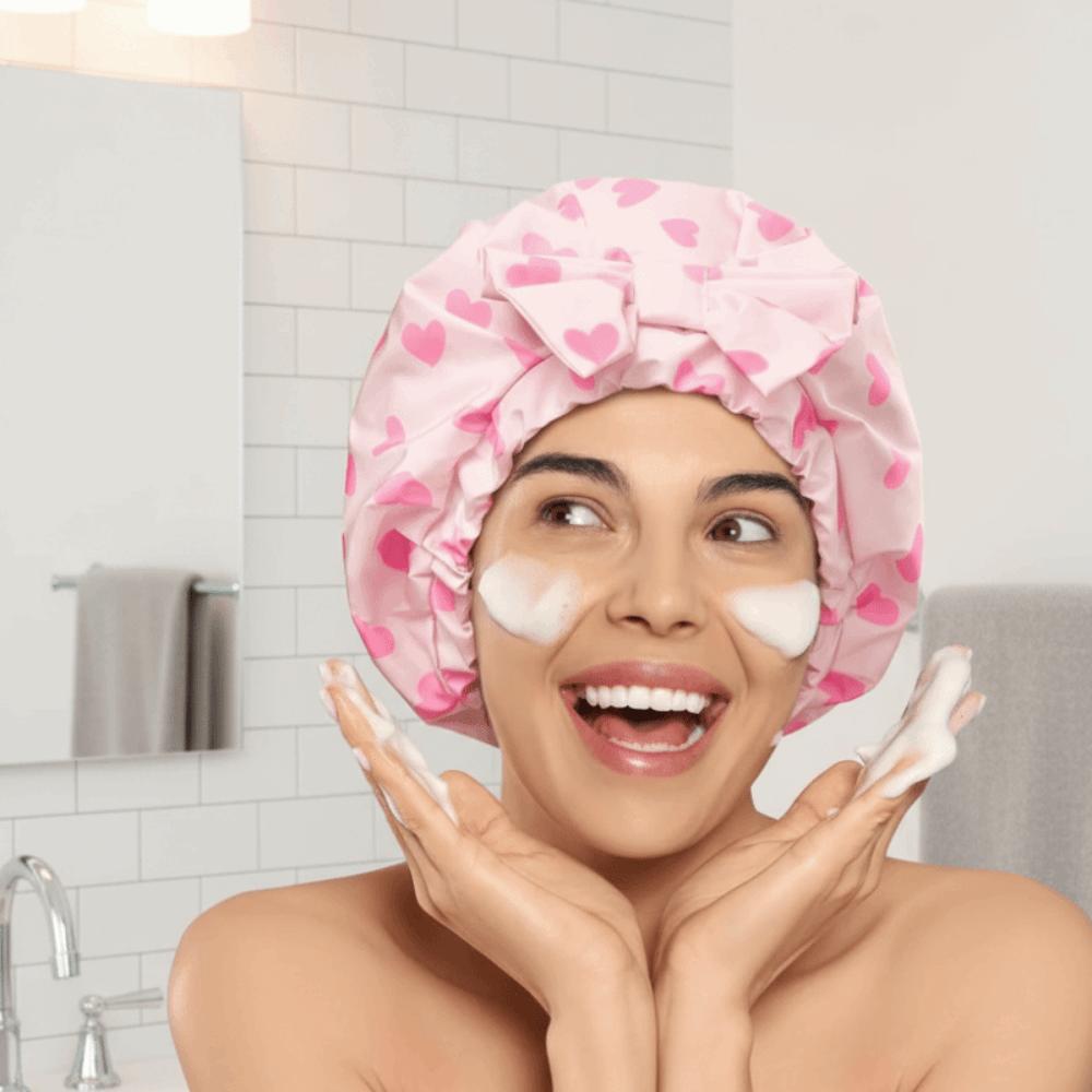 Polka Dots Double-layer Bath Cap Elastic Printed Bonnet Practical Shampoo Hat  Bathroom