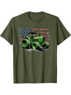 Patriotic Farm Tractor  USA Flag with Vintage Green Tractor Design100 Cotton Oneck Short Sleeve Printed Mens Tshirt