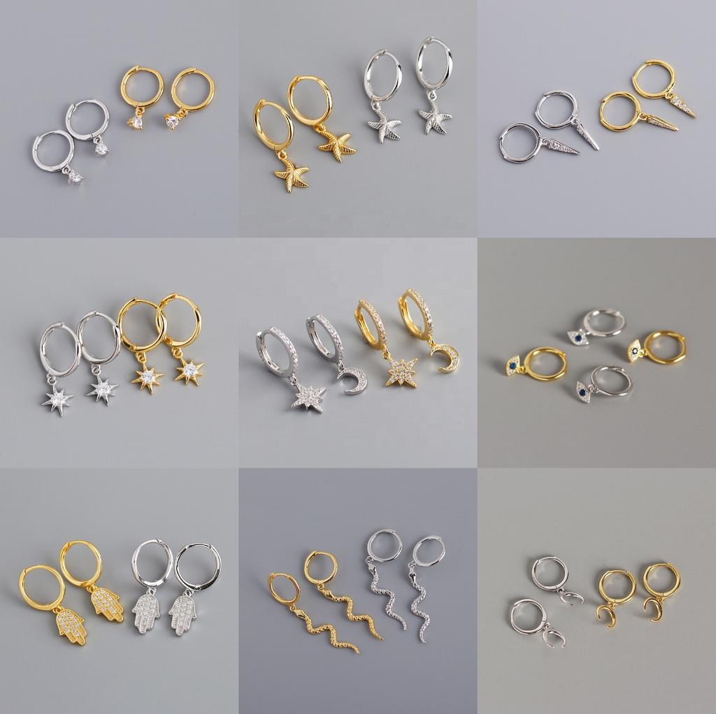 Fashion Silver Jewelry Sets 925 Sterling Silver Moon Star Snake Dangle Earring Huggie Earrings Gold Plated Hoop Earrings Women