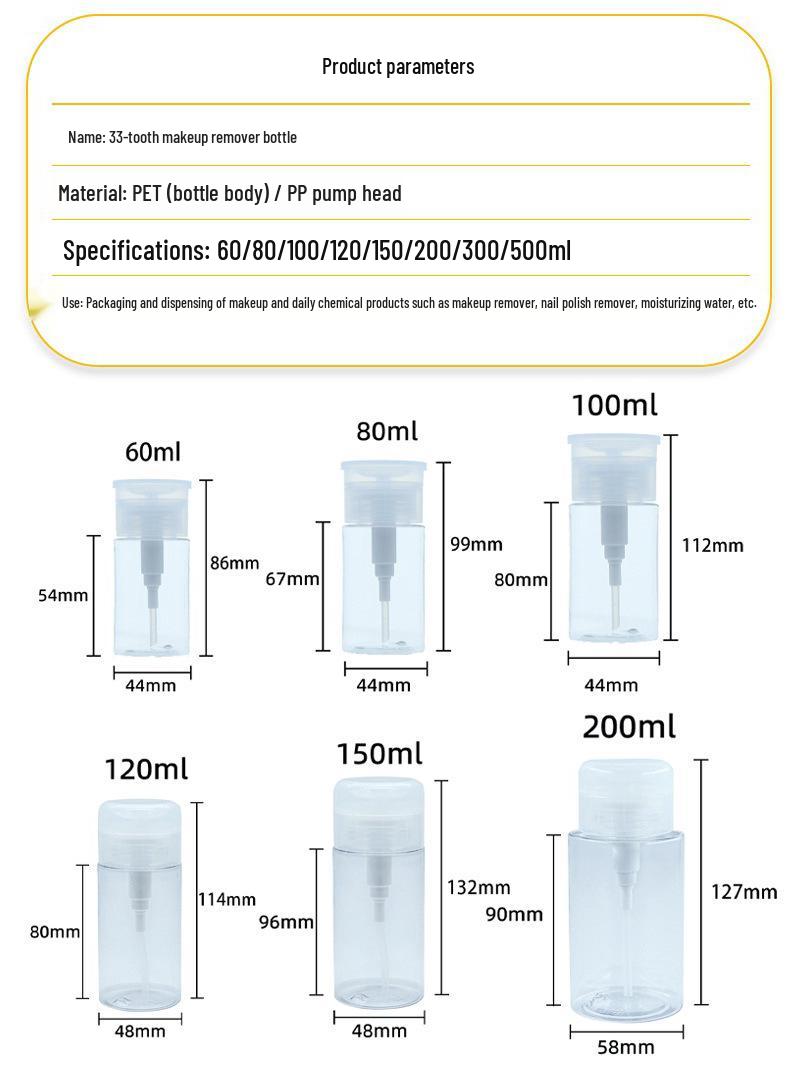 

PET Plastic Press Bottle for Nail Polish Remover and Makeup, Available in 100ml, 150ml, and 200ml Sizes 100ml; transparent; PET