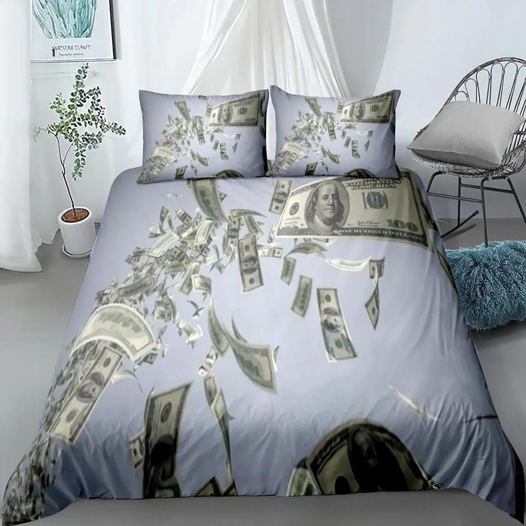 Dollar Duvet Cover Set, Art Blue Printing Money 3 Piece Bedding Set Queen/King/Full/Twin Size Quilt Cover for Boys Teens Girls