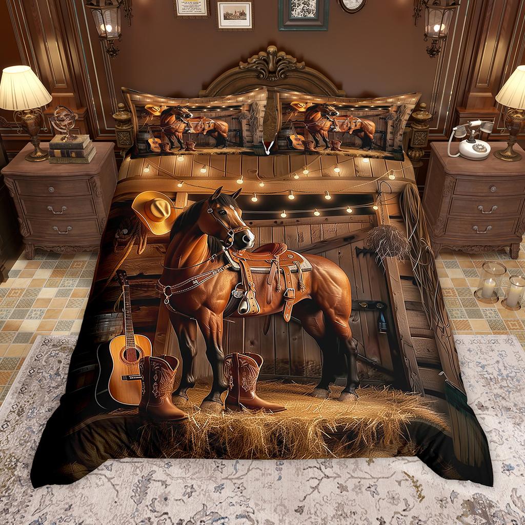 Homewish Western Cowboy Duvet Cover Set Rustic Farmhouse Comforter Cover Set Country Life Bed Set