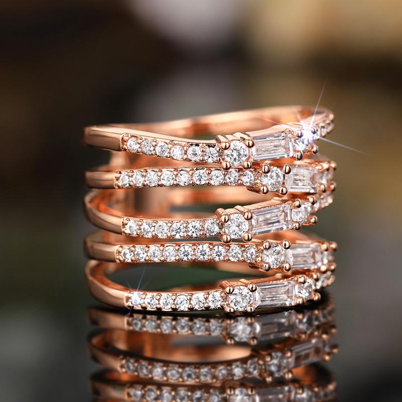 Huitan Rose Gold Color Multi-layers Cross Rings for Women Unique Design Luxury Wedding Band Accessories Brilliant CZ Jewelry