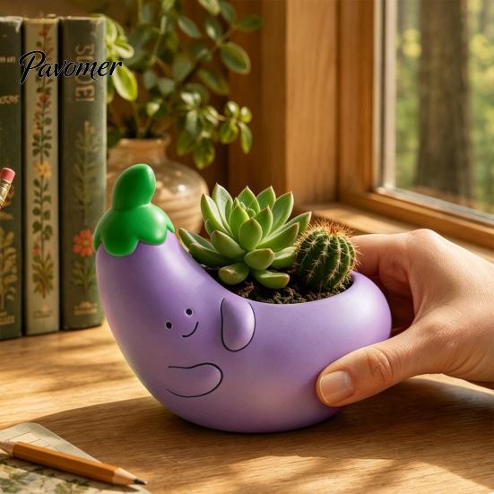 Mini Indoor Plant Pot Cute Eggplant Planter, Resin Small Flower Pot, Funny Purple Vegetable Desktop Decorative Ornament Shape Cactus Container