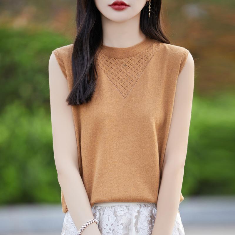 

Женский вязаный жилет с круглым вырезом, летний, новый, темпераментный, универсальный, тонкий, без рукавов, на бретелях, ажурный топ S хаки