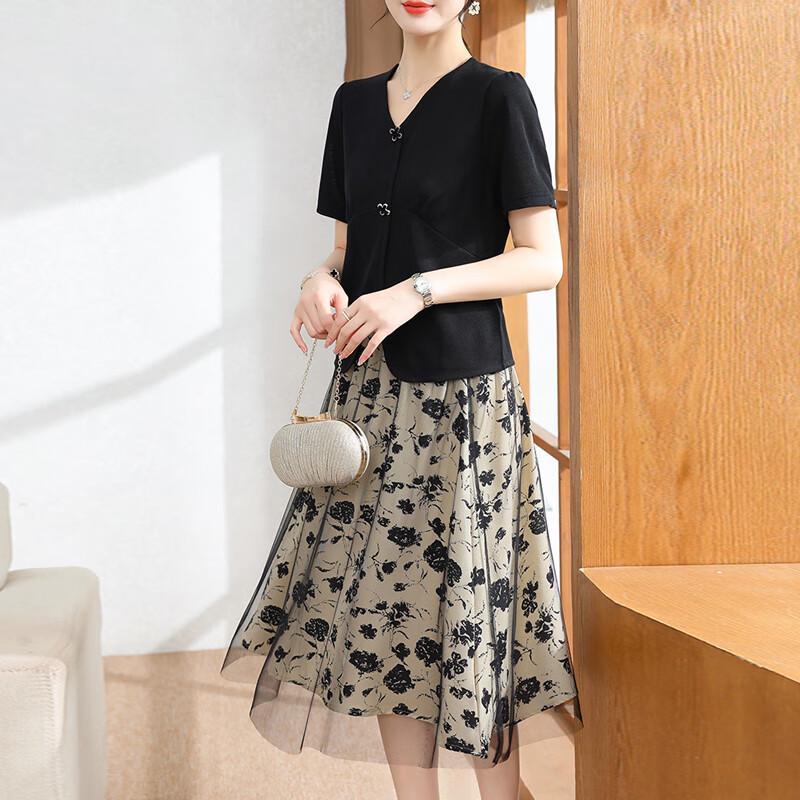Xuexi Middle-Aged Women's Short-Sleeve Two-Piece Summer Dress Set
