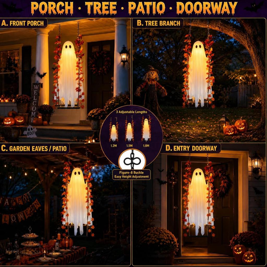 1.2M Hanging Swinging Ghost Halloween Decor Lighted Ghost Ornament 1pc