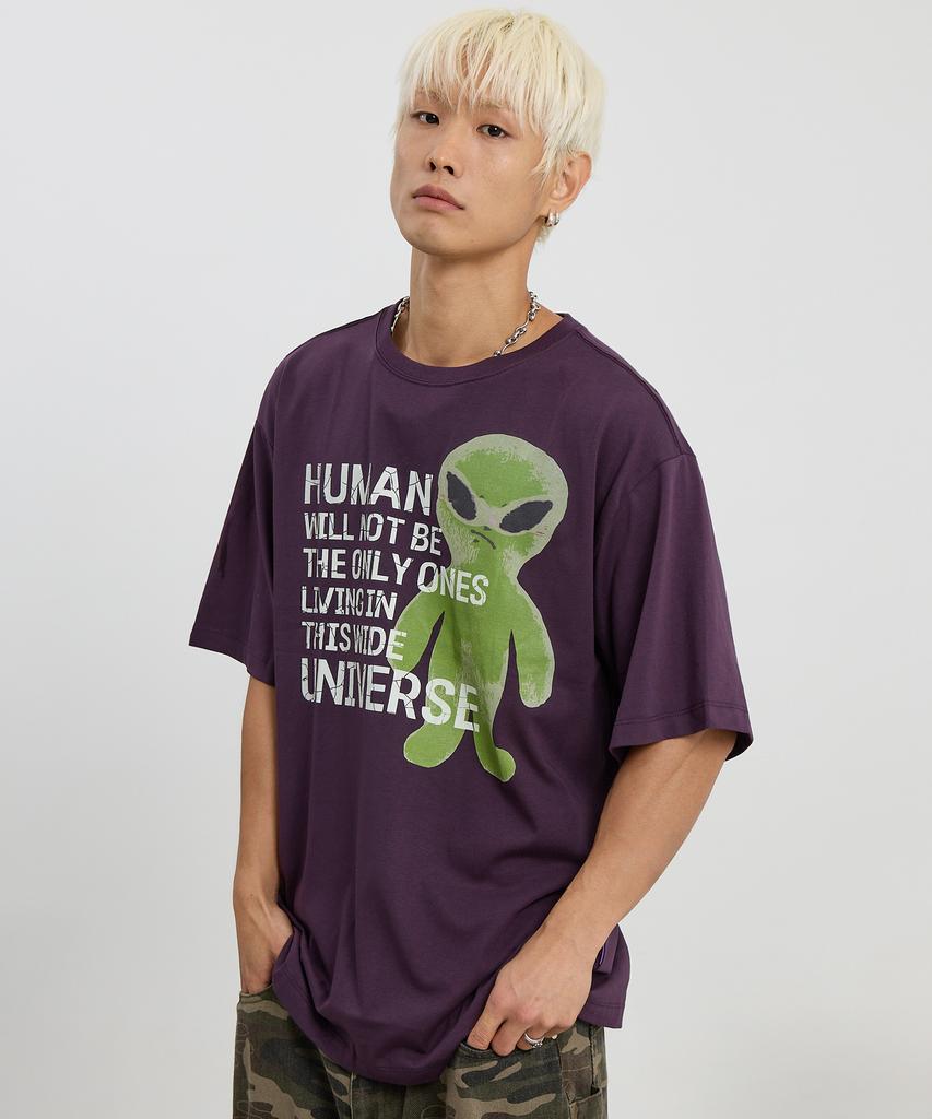 HOODHOOD Alien Slogan Short Sleeve T-Shirt Purple