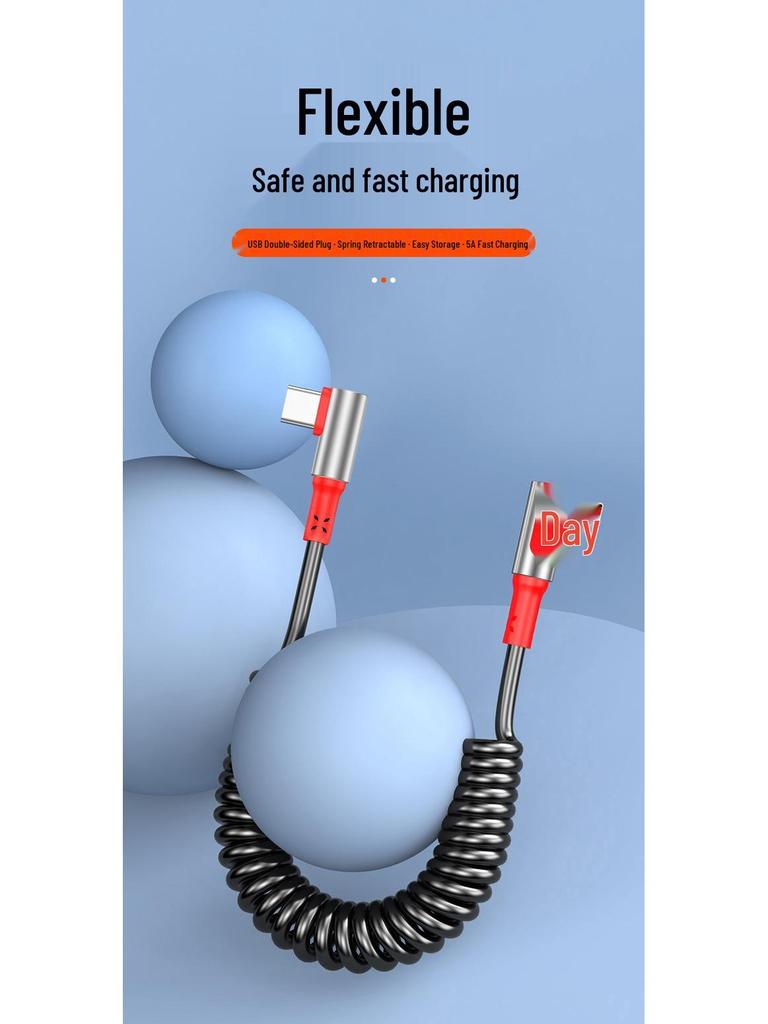 Câble USB Rétractable à Ressort Double Coude 6A Charge Rapide pour Téléphones & Voitures