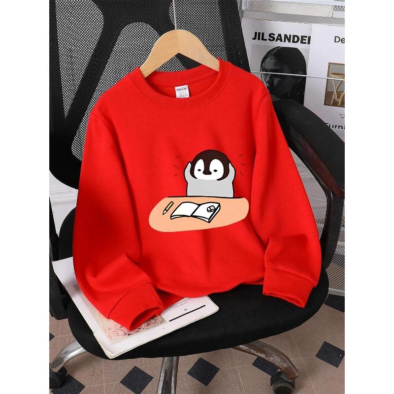 European sizes Kids' Crewneck Sweatshirt | Penguin Studying At Desk With Book, , Sportswear And Casual Wear, Soft And Comfortable, Clothing, Teenagers