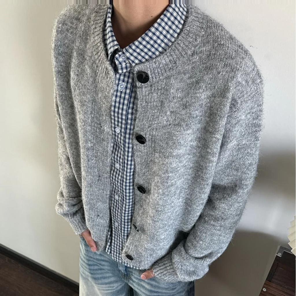 Men'S Solid Color Crew Neck Knit Sweater, Loose For Men In Spring And Autumn, Layered Sweater Cardigan