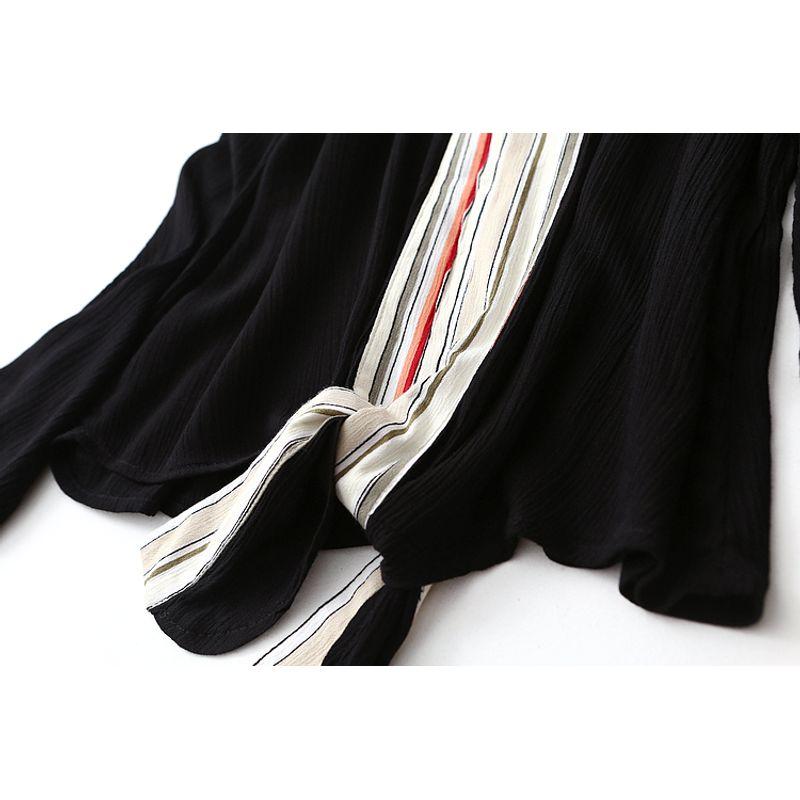 Export Export Knotted Ethnic Style Contrast Color Niche Style Viscose Shirt Women's Long Sleeve V Neck Pullover Tops
