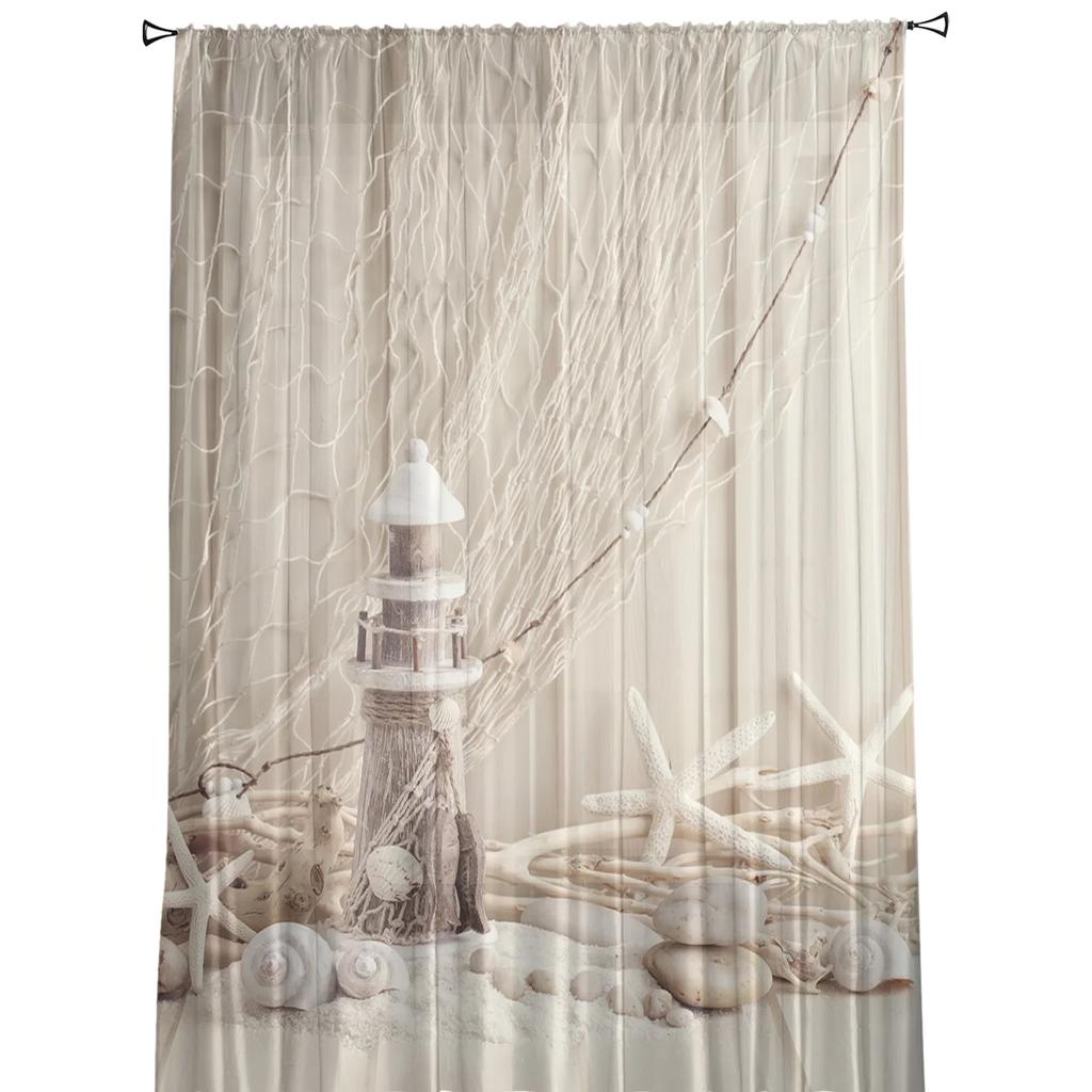 Fishing Net Starfish Lighthouse Beach Wooden Tulle Sheer Window Curtains for Living Room Bedroom Voile Organza Curtains Drapes