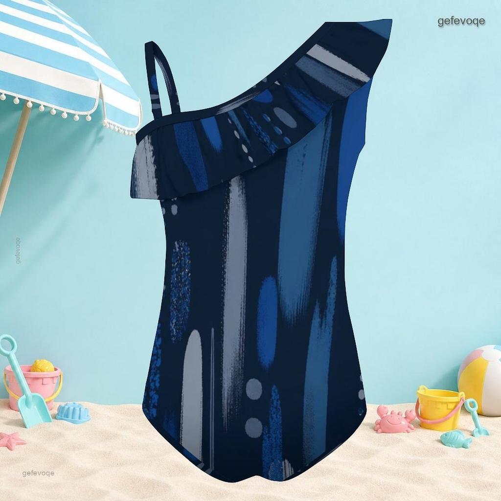 Girls One Shoulder Ruffle Printed One Piece Beach Swimsuit