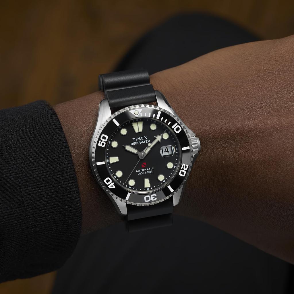 TIMEX Orologio Uomo Deepwater Meredian 200 Automatico 20 ATM Resistente all'Acqua Cristallo Zaffiro Quadrante Nero TW2Y40000 [Autentico]