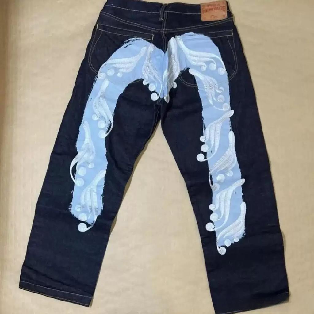 New Japanese Hipster Retro Hip-hop Fashion Print Jeans High Street Leisure Slim Straight Embroidery Y2k Print Stitching Trousers