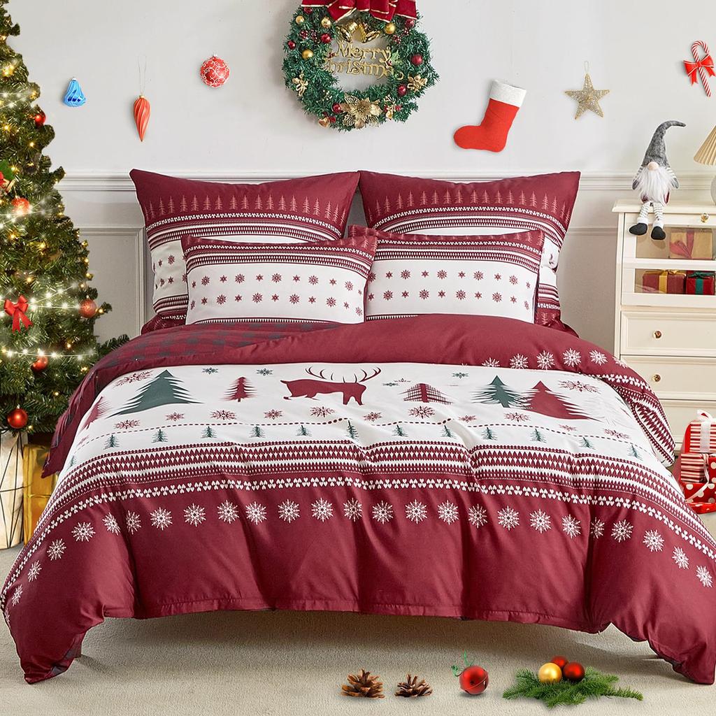 Christmas Snowflake Plaid Printing Quilt Cover Home Textile Bedding Three-Piece Set
