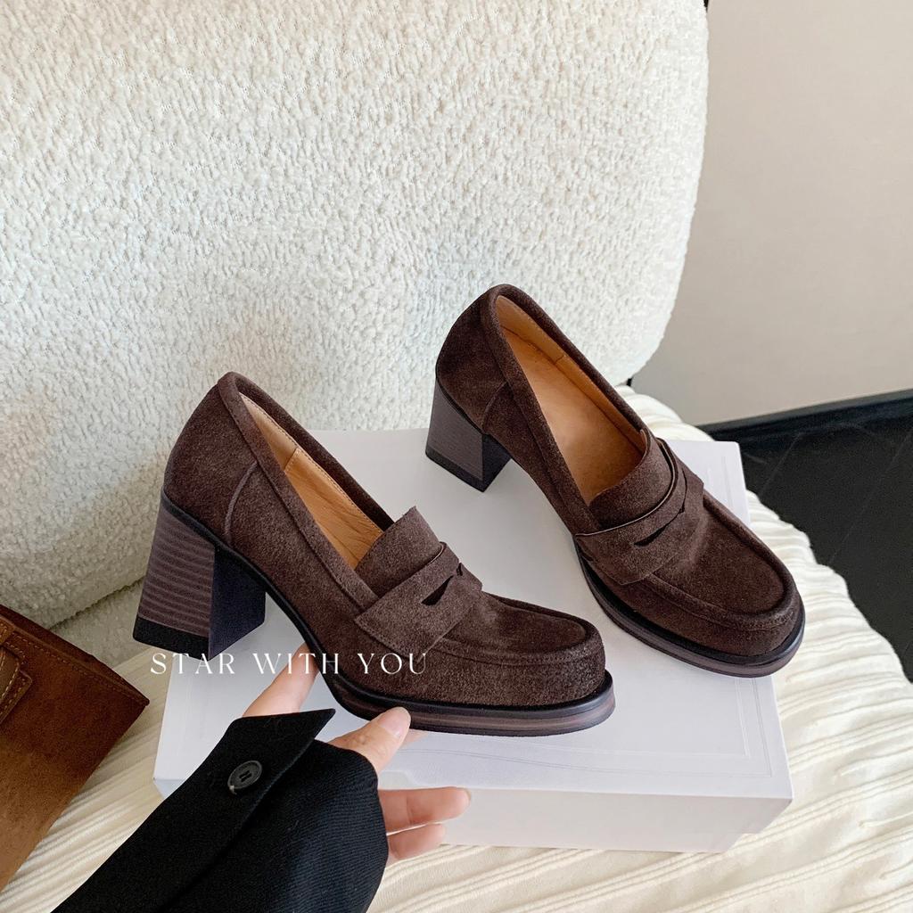 Cowhide~ Height Increase 7cm Retro Leather Thick Heel Loafers Women's Round Head High Heel Single Shoes Lazy Person Pedal Small Leather Shoes