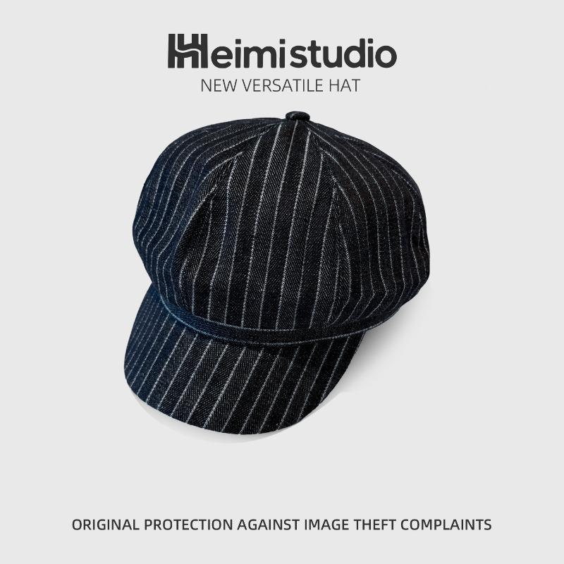 25 Early autumn new striped navy blue versatile octagonal hat women's big head circumference showing face small painter hat