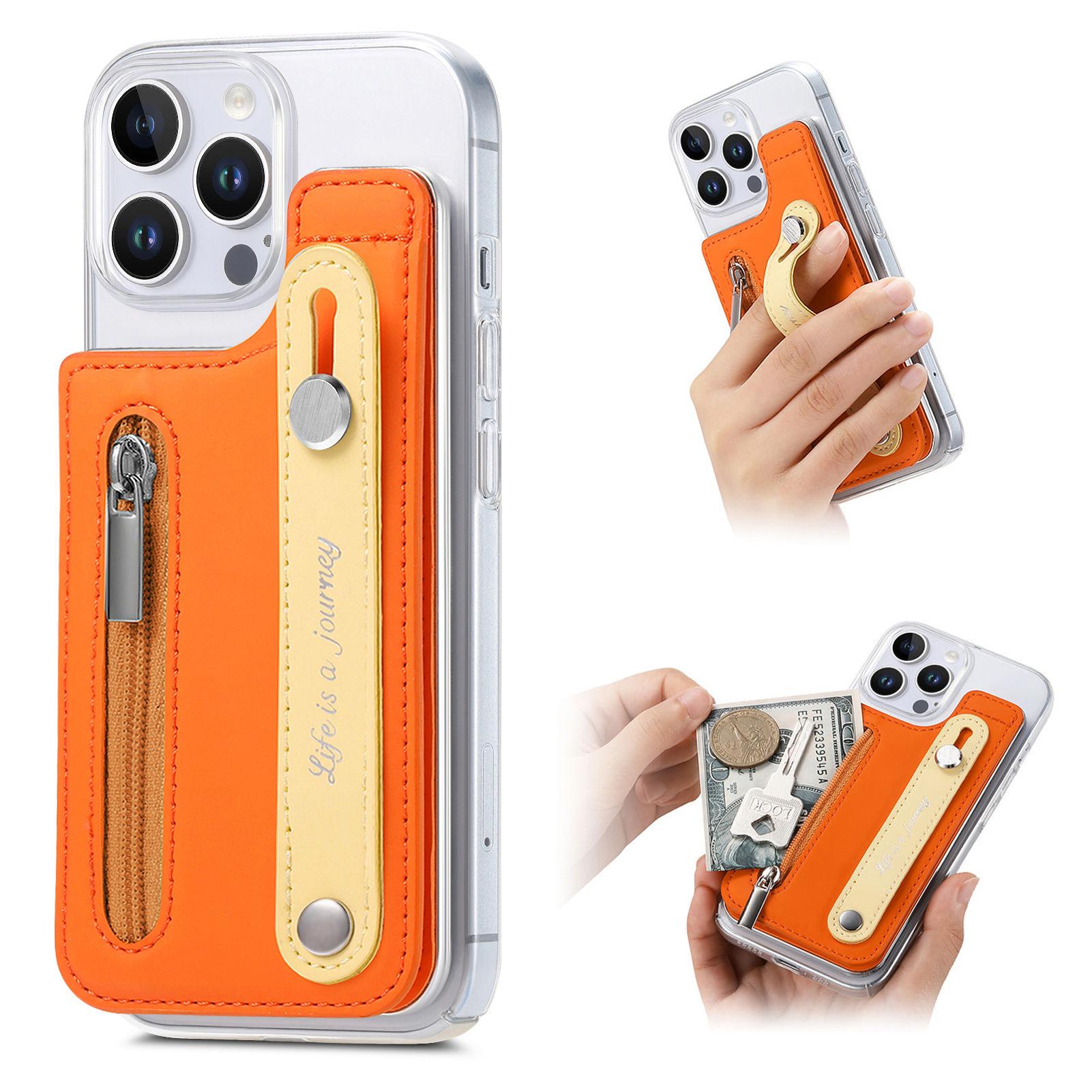 

CY2 For iPhone 16 Pro Case Wristband Leather+PC Zipper Pocket Phone Cover RFID Blocking Orange