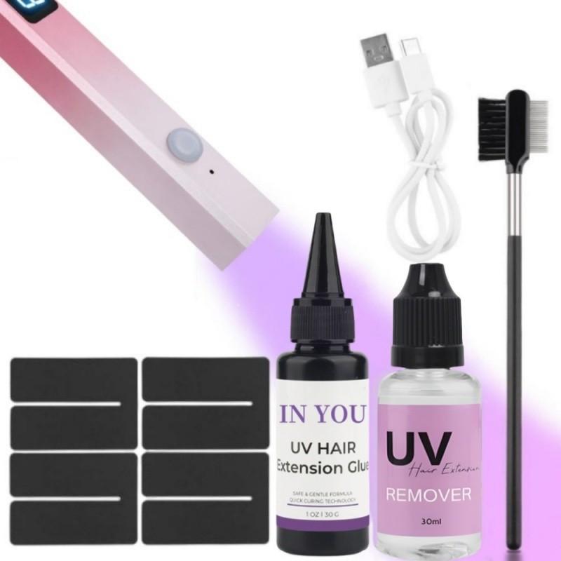 

Профессиональный набор для наращивания волос УФ 30 г - УФ-лампа и быстросохнущий водостойкий клей для бесшовных невидимых соединений, для салонного и домашнего использования A set