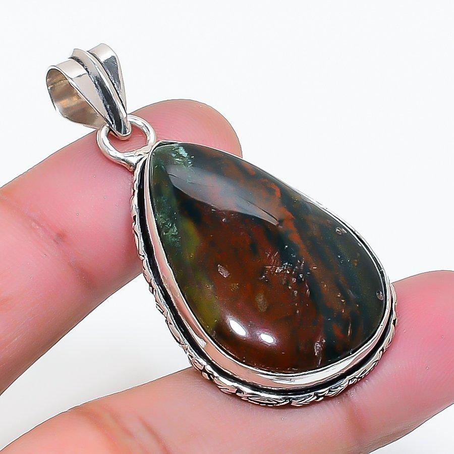 Natural Bloodstone Gemstone Handmade 925 Sterling Silver Pendant 1.85" AP-15828