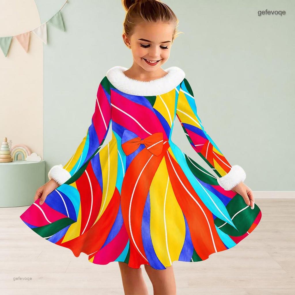 Girls High Neck Long Sleeve Blue White Printed A Line Flared Dress With Fur Trim And Bow