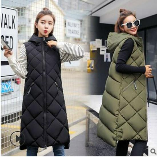 Hooded Women's Sleeveless Down Cotton Waistcoat - Mid-Length and Warm