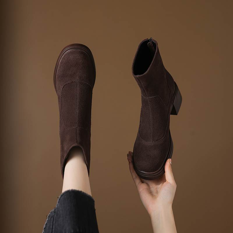 Krazing Pot Cow Suede Nubuck Round Toe Thick Heels Chelsea Boots Size 42 Concise Style Women Keep Warm Ankle Boots