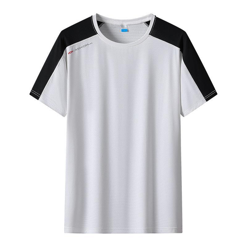 (L-5XL)Summer Ice Silk Quick Dry Sport T-shirt Camping Hiking Fishing Short-Sleeved Shirt Man Casual Loose Round Neck Gym Fitness Tops