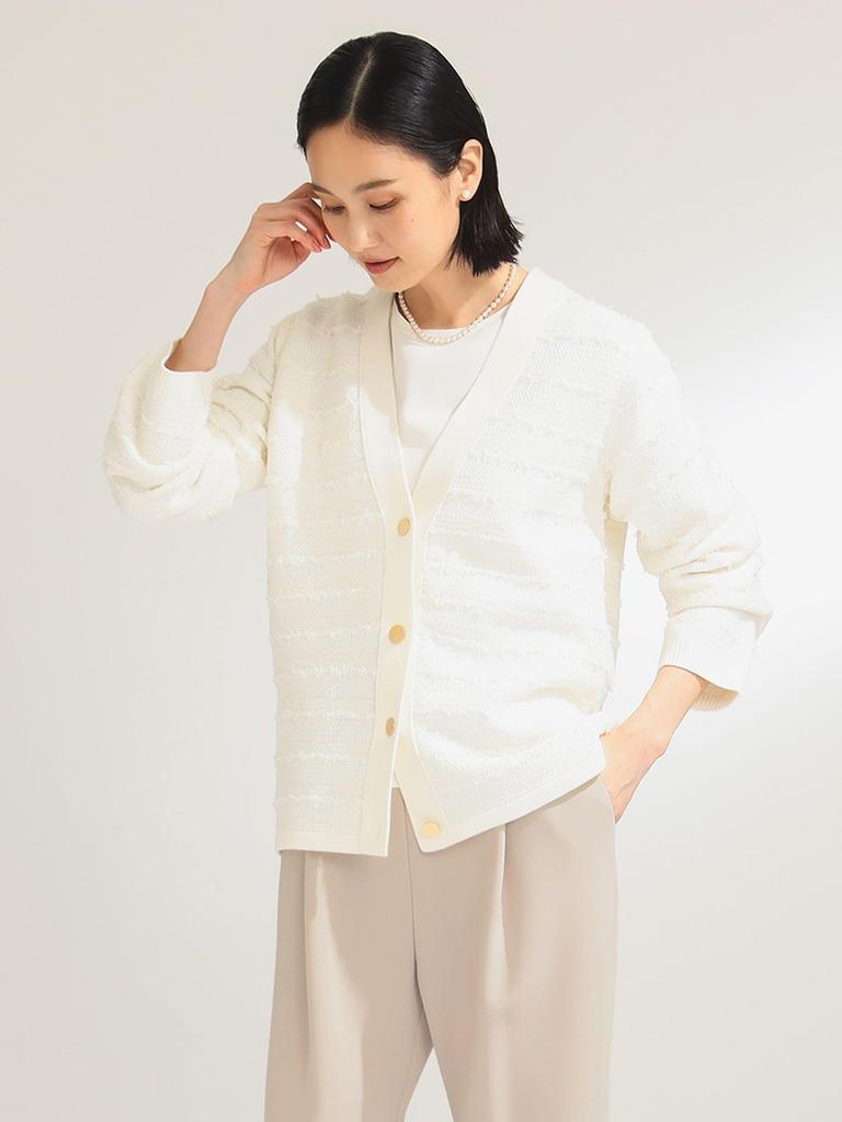 Beams Long Sleeve Tweed Knit Free 64150486887 Demi-Luxe Women's V-Neck Cardigan, OFF_WHITE, Size,