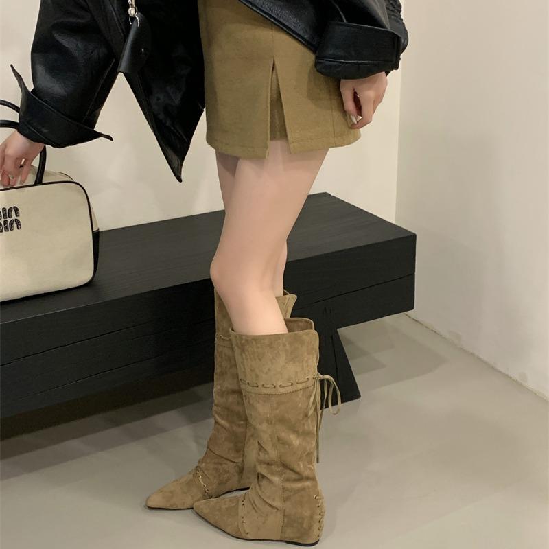 Dong Life Has the Same Inner Height Increase of 25 New Knee Boots, Foldable Two-wear Pointed Boots, Pleated Stacked Boots