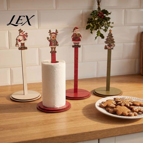 Wooden Paper Towel Dispenser Christmas Holder, 2D Roll with Snowman Kitchen Holiday Ornament Santa Patterns, Decorative Tissue Stand for Dining Table