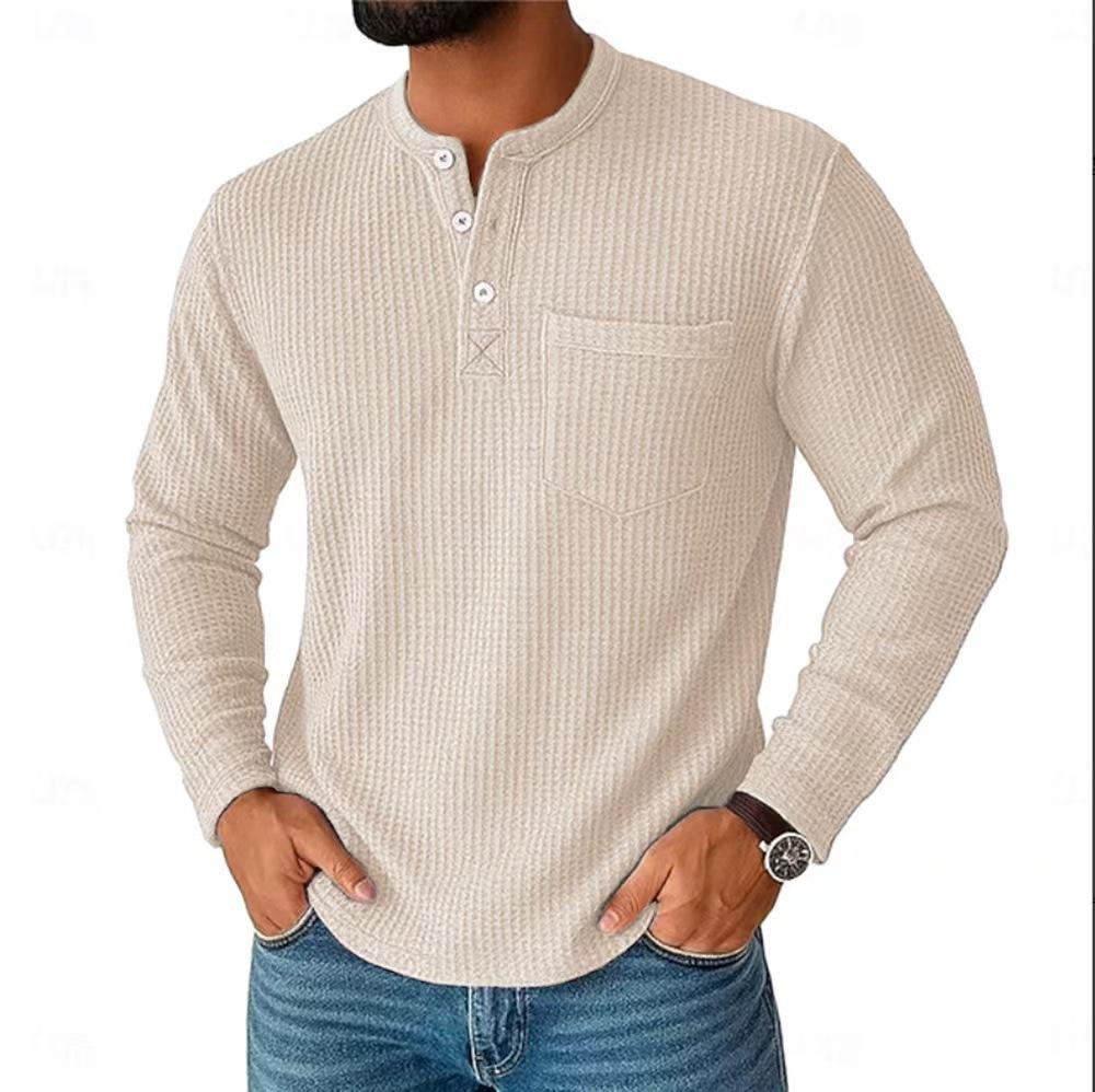 Vintage Men's Henley Shirts Long Sleeve Buttoned Crew Neck T Shirt Spring Autumn Men Clothing Casual Solid Color Waffle T-shirt