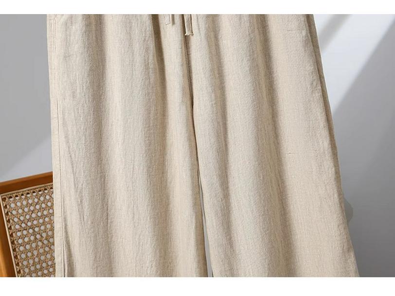 Women's High-Waisted Cotton Linen Wide-Leg Pants - Spring/Summer/Fall, Plus Size, Nine-Point, Drawstring, Casual Japanese Style